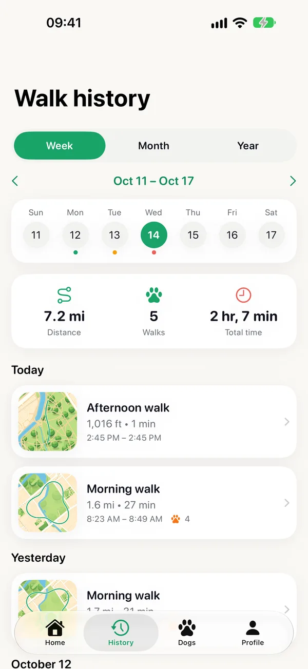 TapPaw walk history: calendar with daily goals and totals